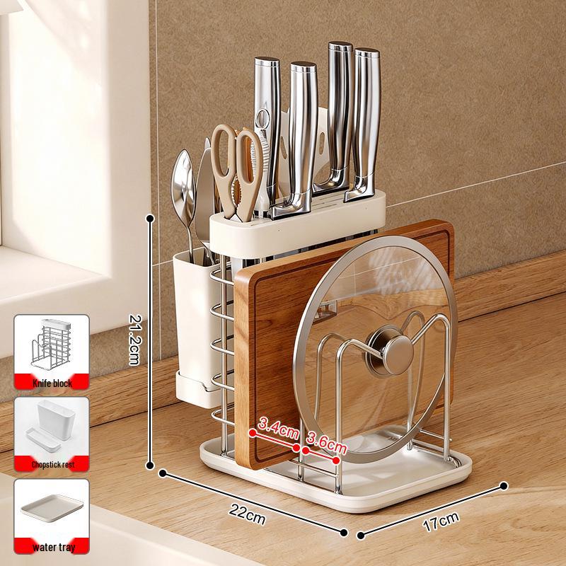 304 Stainless Steel Kitchen Storage Rack with Chopstick Holder, Knife Block, and Cutting Board Storage