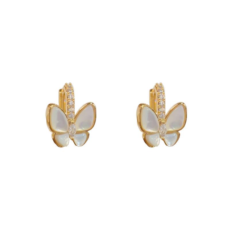 Women Light Luxury Fashion Zircon Mother Of Pearl Butterfly Buckle Earrings