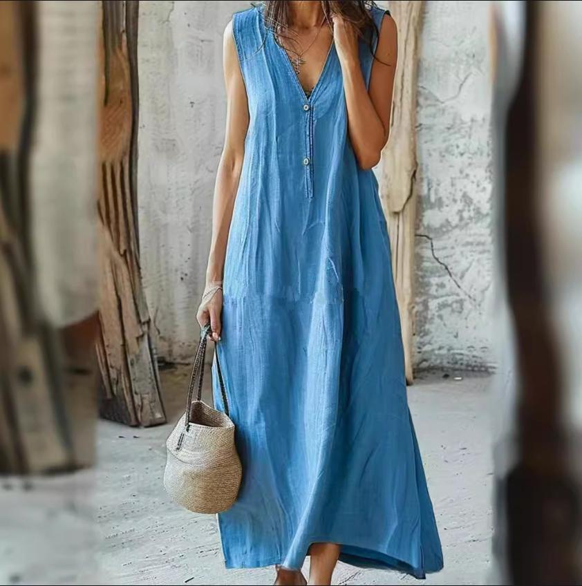 

Женское платье макси без рукавов с V-образным вырезом и деталями на пуговицах, желтое, синее, черное – Бохо повседневное длинное платье 3XL