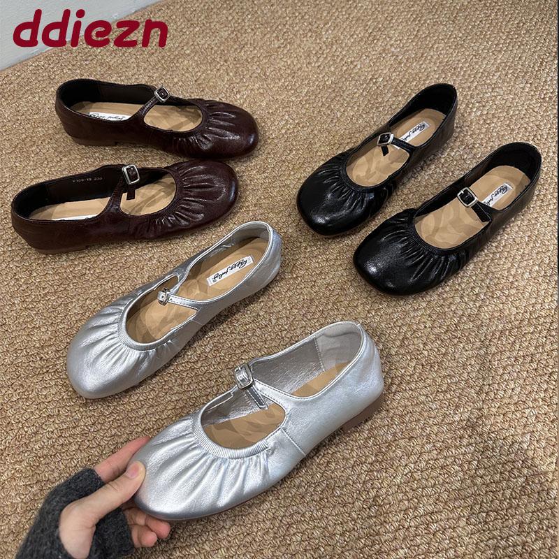 Fashion Fashion Pleated Women Mary Janes Flats Shoes Soft Female Round Toe Footwear Buckle Ladies Flats Shallow Shoes