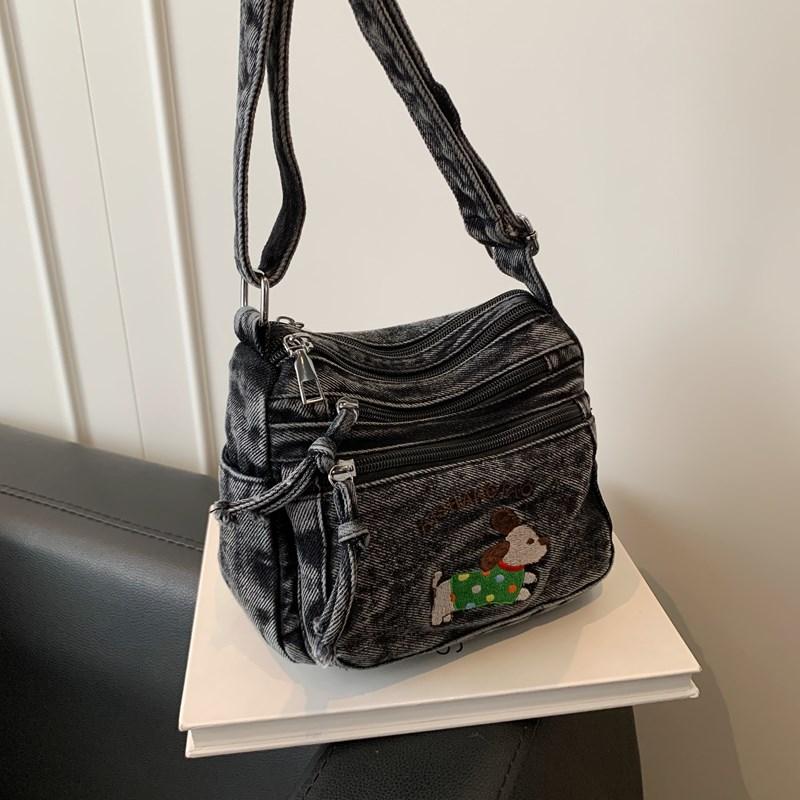 Cartoon Embroidered Denim Bag Women's Shoulder Crossbody Bag