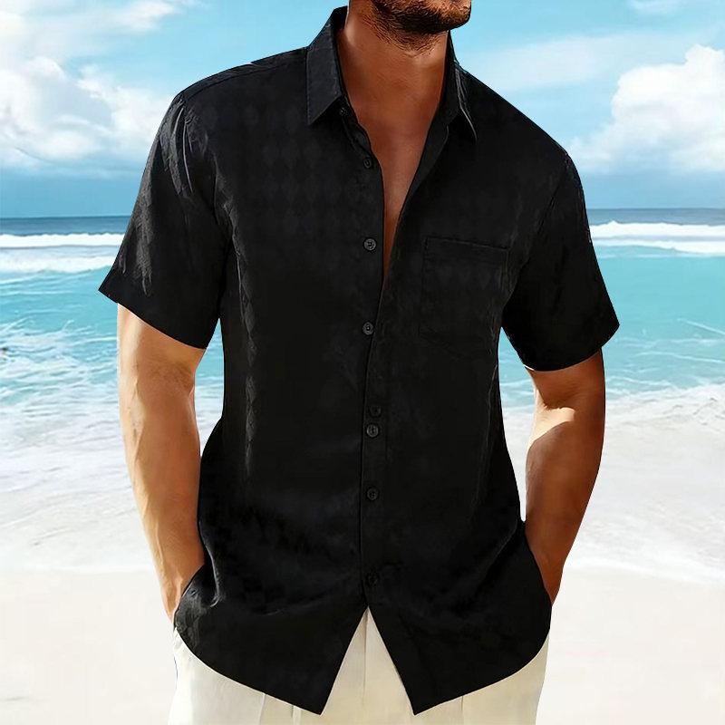 

Men s Summer Fashion Satin Diamond Grid Short Sleeve Shirt Casual Solid Beach Holiday Shirts Stylish Smooth Silk Mens Shirt L чёрный