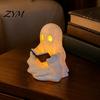 Halloween Room Decor Cute Ghost Reading Book Lamp, Lighted Figurine with Warm LED Night Light Light, for Mantel Shelf Table Indoor Home Nighttime