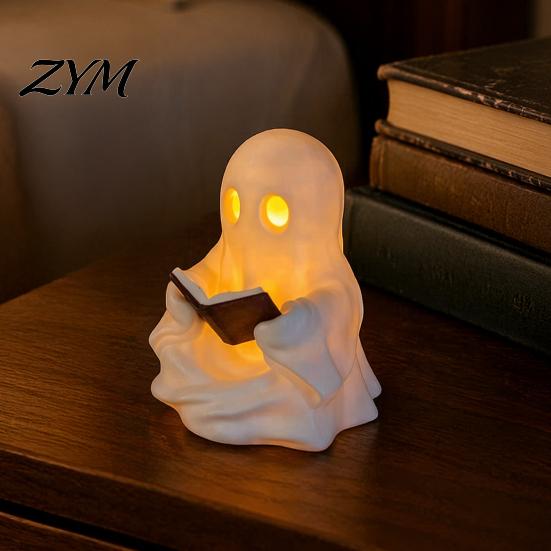 Halloween Room Decor Cute Ghost Reading Book Lamp, Lighted Figurine with Warm LED Night Light Light, for Mantel Shelf Table Indoor Home Nighttime