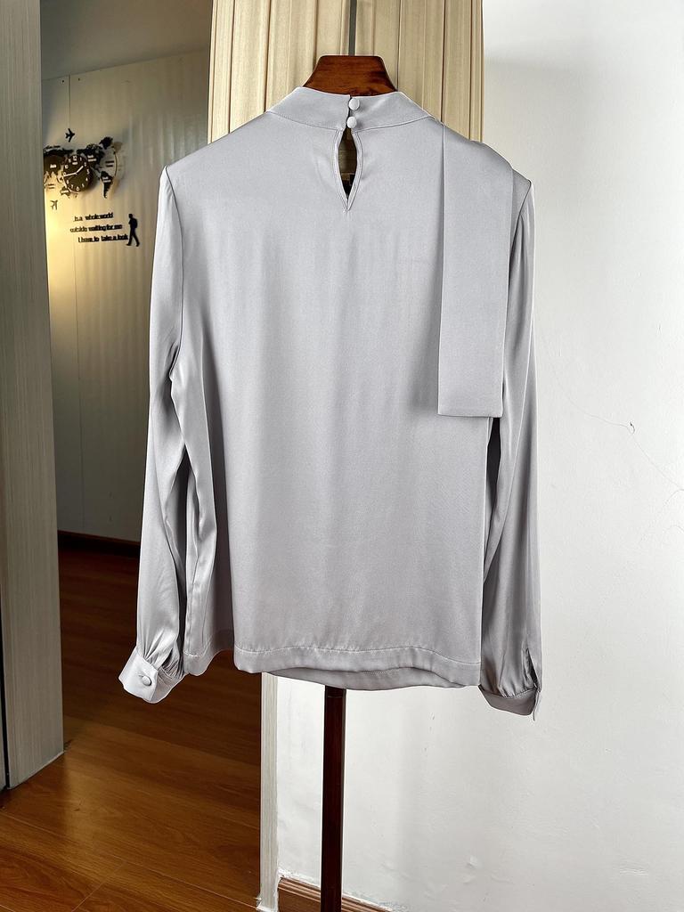 Women's Elegant Stand Collar Silk Bow Blouse, Long Sleeve, Mulberry Silk Ribbon, Commuting Style