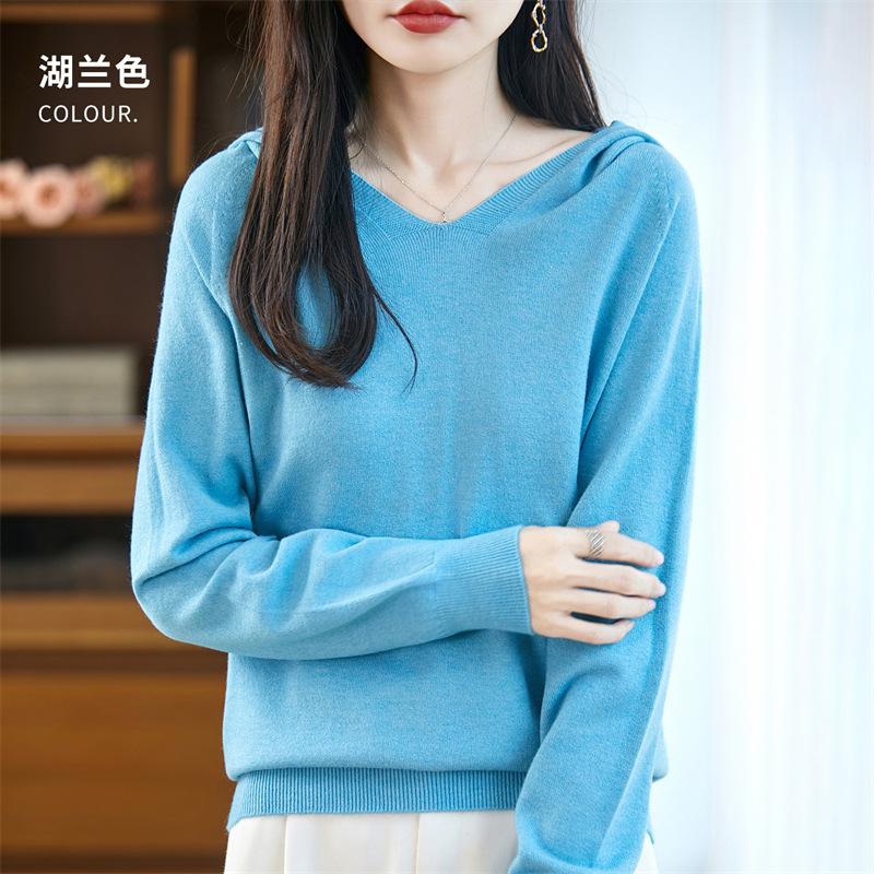 Women S Loose Hooded Long Sleeve Knit Sweater Color Block Commute Style