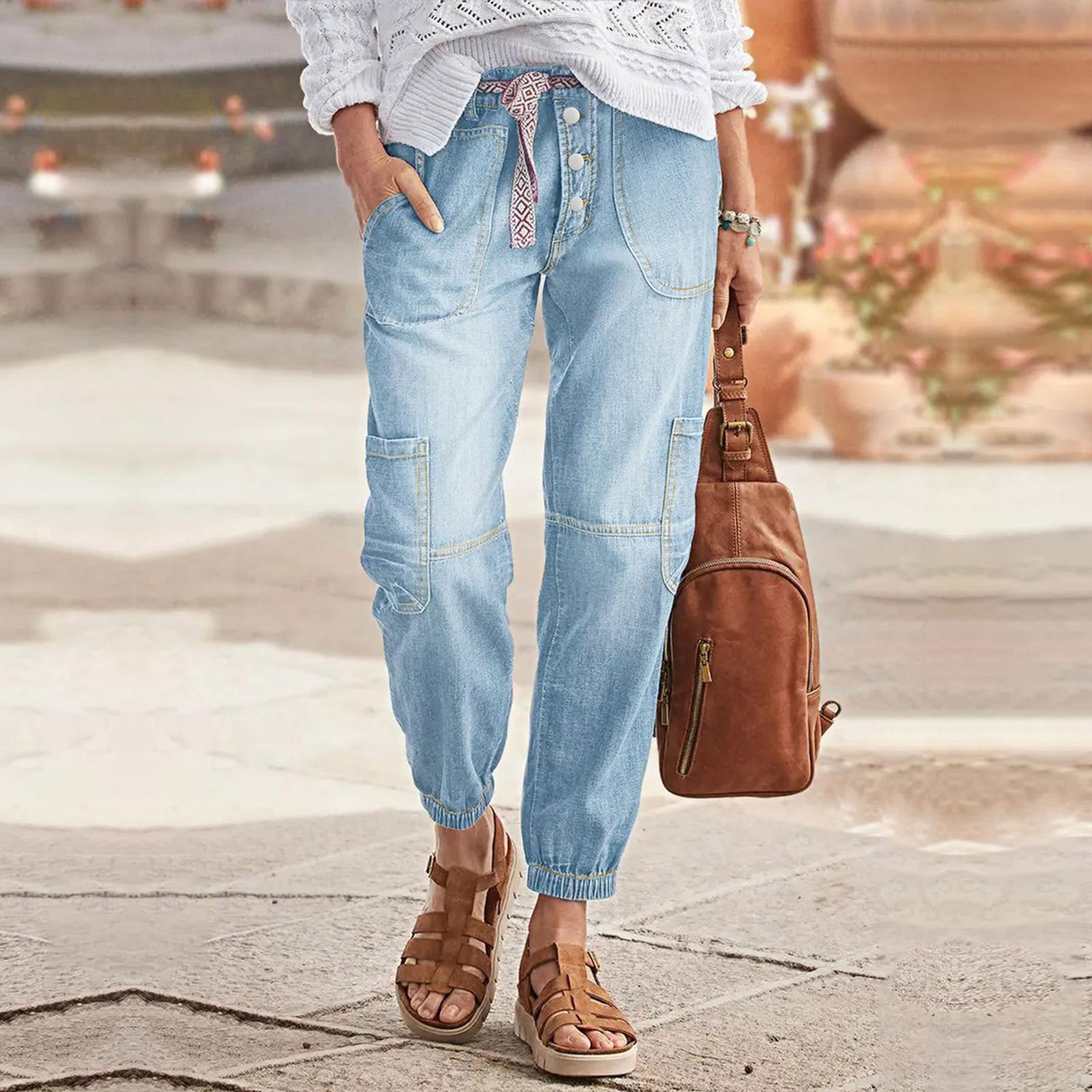 

Straight Leg Button Fly Jeans For Women Multi Pocket Mid Jeans Without Belt Denim Pants M синий