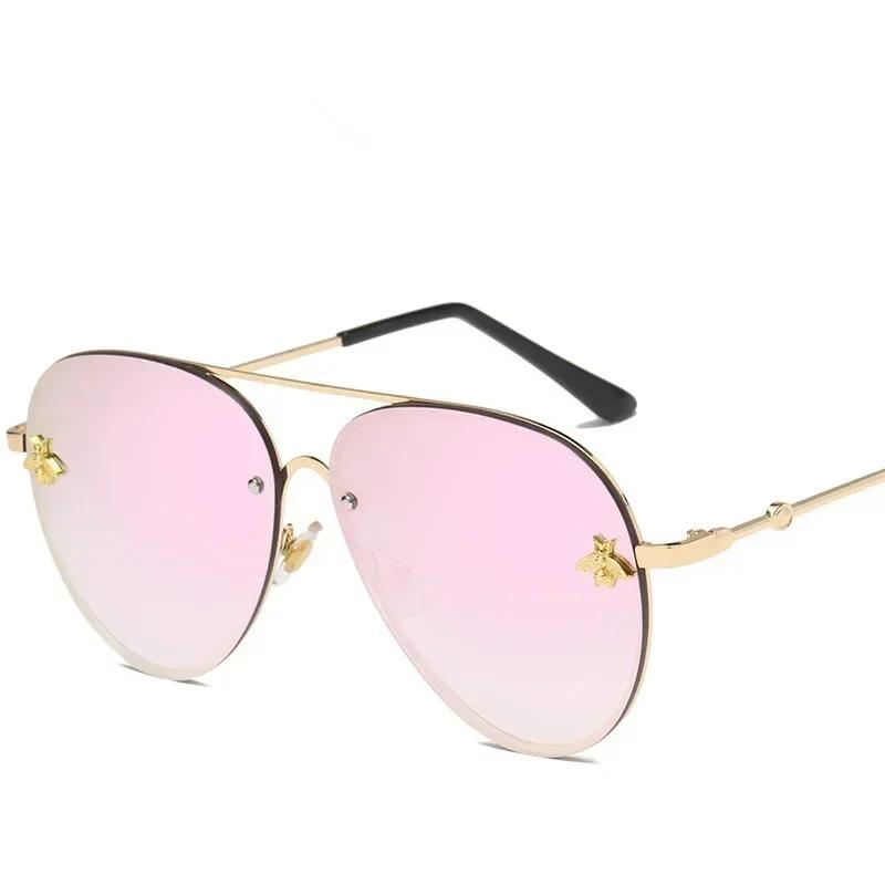 Fashion Luxury Rimless Metal Frame Bee Sunglasses Women Men Vintage Round Oversized Mirror Sun Glasses Brand Designer UV400
