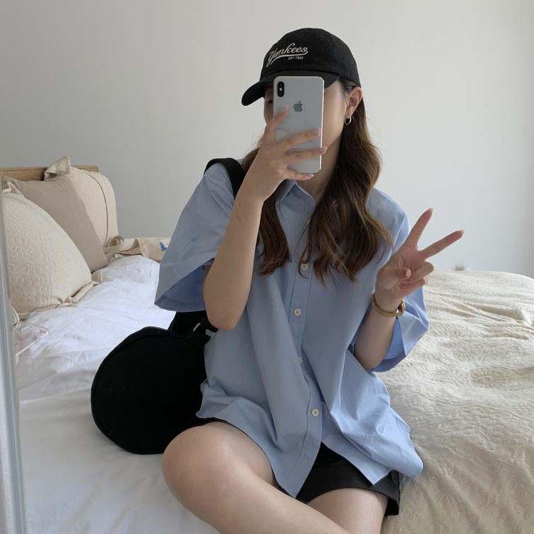 Women's Chic Pure Cotton Loose Fit White Short-Sleeve Shirt - Korean Style Summer Casual Top