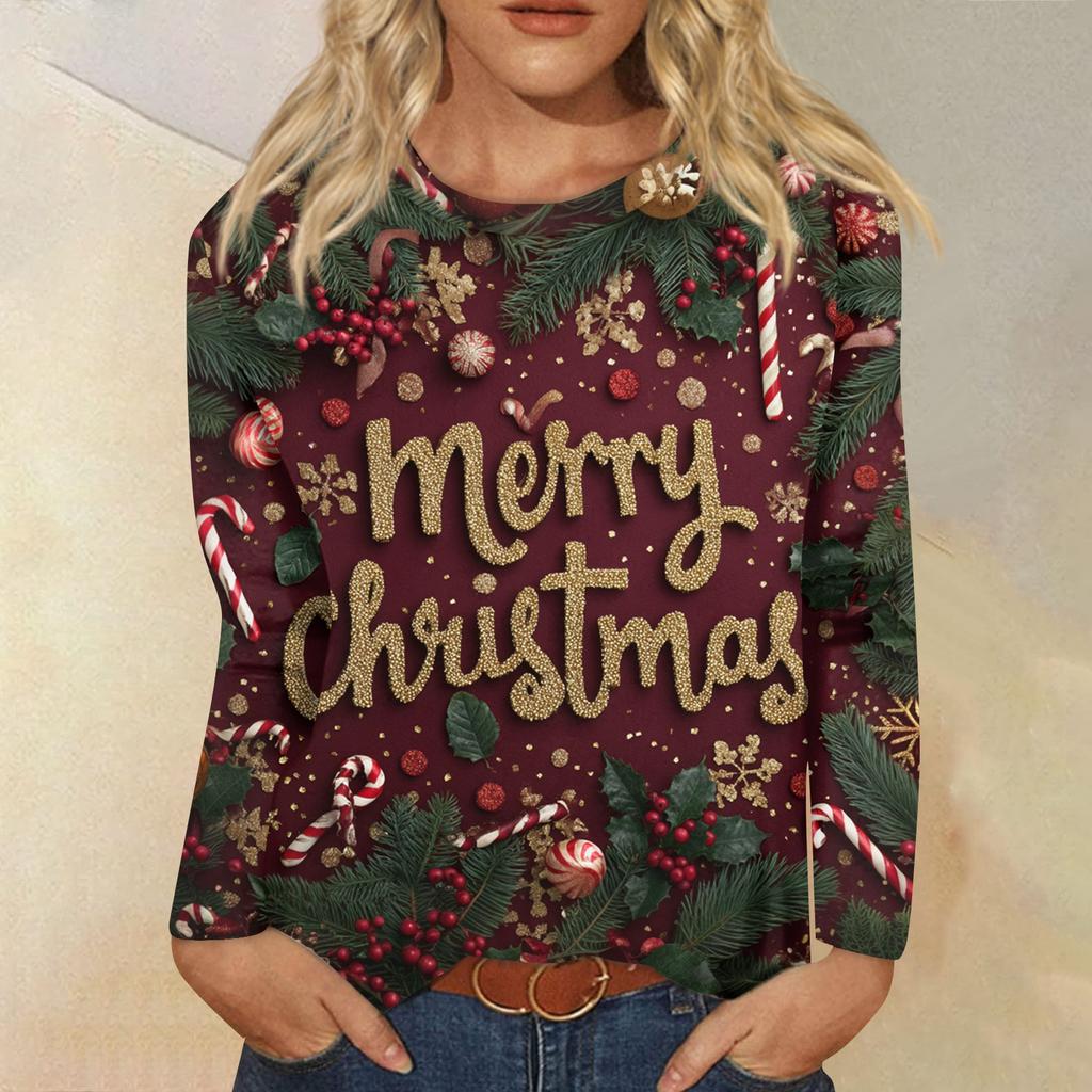 Women's Fashion Casual Long Sleeve  Print Round Neck Top