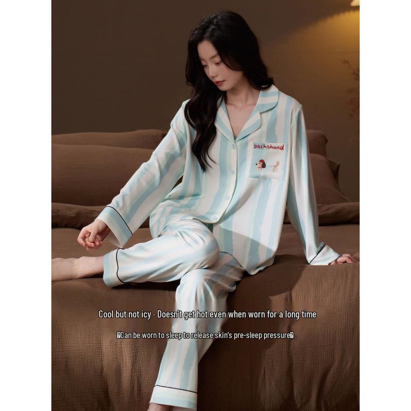 Ice Silk Cool Women’s Long Sleeve Pajama Set with Cute Stripes for Spring and Autumn