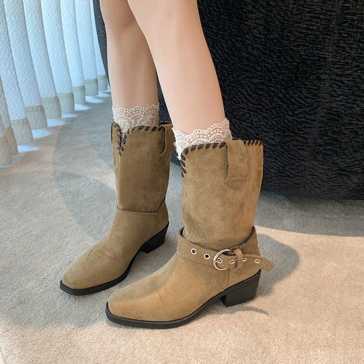 Fashion Small Man Retro Pointed Toe 2025 Women's Mid-Leg Boots Block Heel Booties