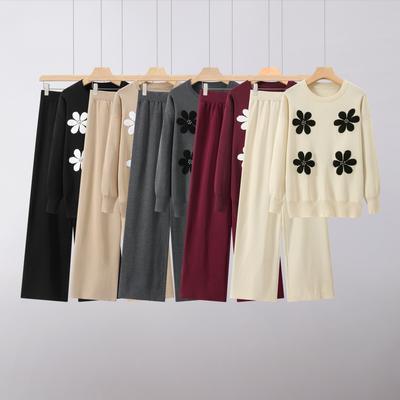 Mode Lässiger Strickanzug Hose Lockerer Pullover Weitbeinige Hose Hose Zweiteilig Alltagskleidung