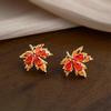 Elegant Red Maple Leaf Zircon Stud Earrings - Autumn/Winter Luxury
