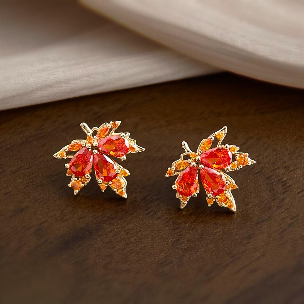 Elegant Red Maple Leaf Zircon Stud Earrings - Autumn/Winter Luxury