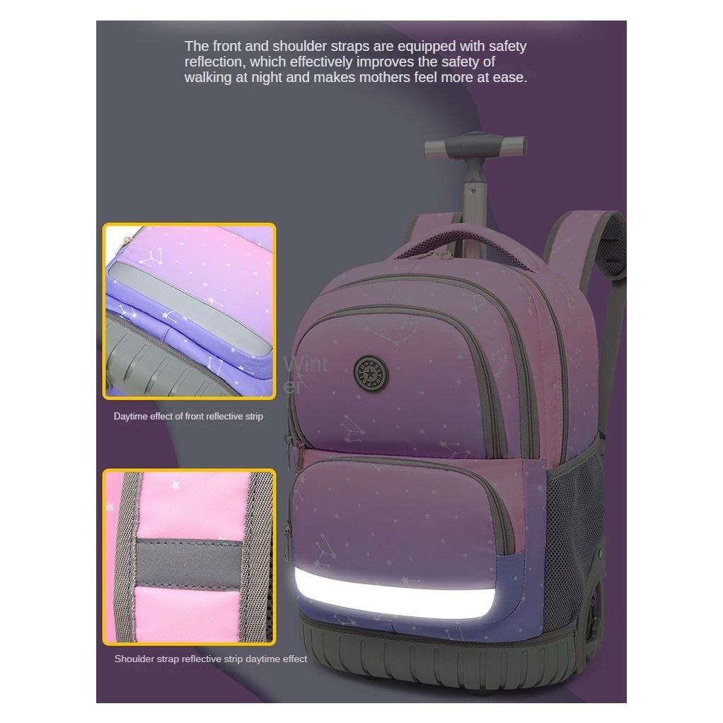 Schüler tragen und ziehen Mehrzweck-Trolley-Schultaschen mit Rädern, mit denen sie Treppen steigen können