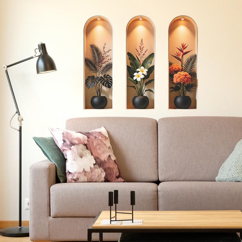 3Pcs Arch Niche Green Plant Wall Sticker Self Adhesive 3D Visual Potted Floral Mural For Living Room Bedroom Entrance Home Decor