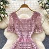 Summer Women Short Sleeve Square Collar Embroidery Lace Long Midi Party Dresses