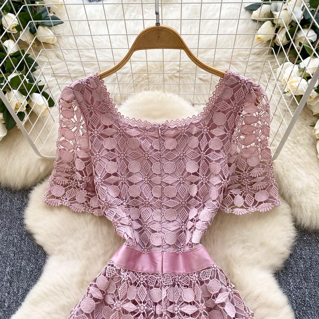 Summer Women Short Sleeve Square Collar Embroidery Lace Long Midi Party Dresses