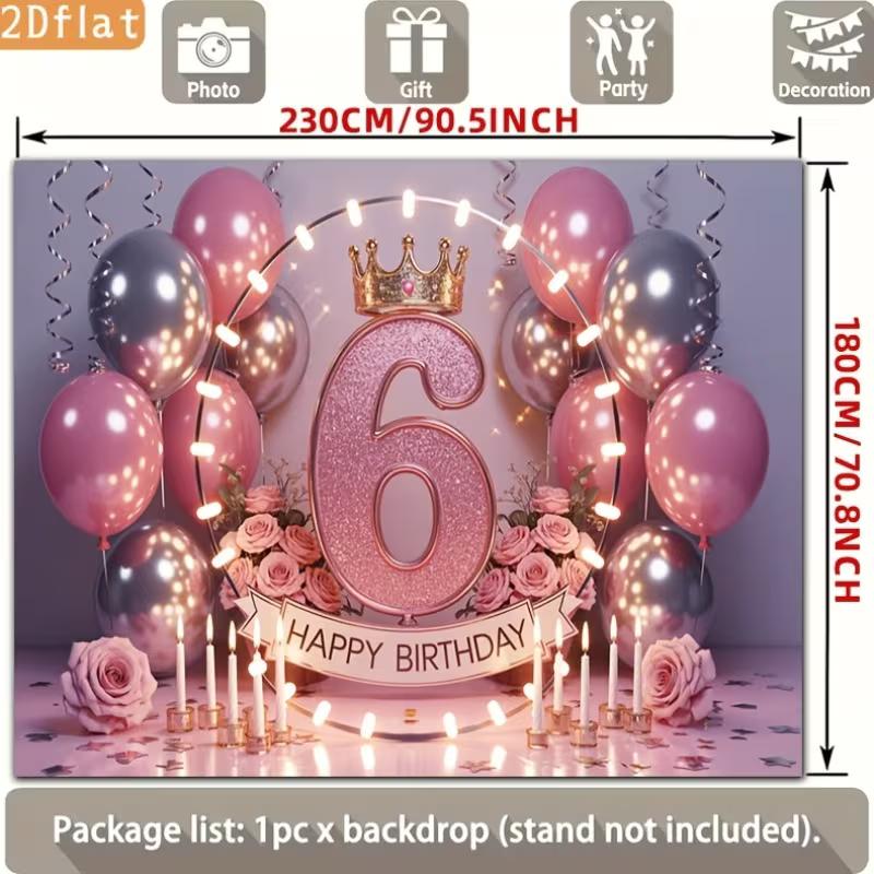 2D 6th Birthday Photography Backdrop, Pink and Silver Balloon with Light Ring Background