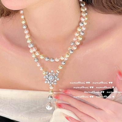 Ancient Babylon Snowflake Gem Pearl Necklace, Tahiti, Sea Bead Christmas Snowflake Zircon Sweater Chain