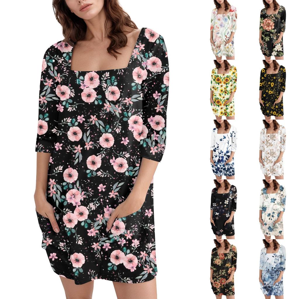 Women's Fashion Casual Print Square Neck 3/4 Sleeve Short Dress