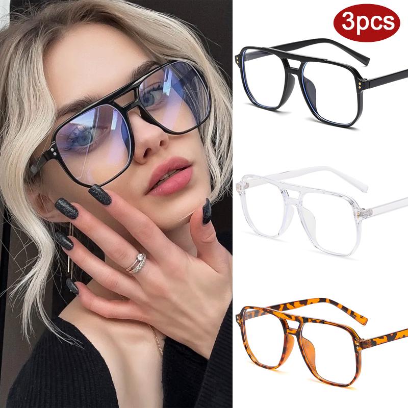 3pcs Fashion Large Square Glasses Frame Women Men Anti Blue Light  Rivet  Eyeglasses Multi Color Framen Design Glasses
