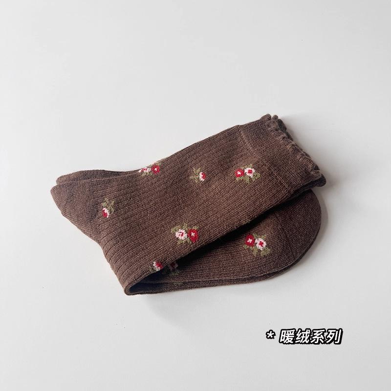 Retro Floral Wool Medium Tube Socks Women'S Autumn And Winter Warm Japanese Sweet Bow Stacking Socks Fungus Lace Cotton Socks