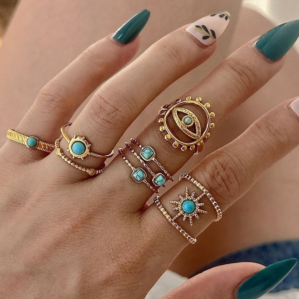 Stainless Steel Ring, Vacuum Plated 18K Gold Star Eye Turquoise Open Jewelry.