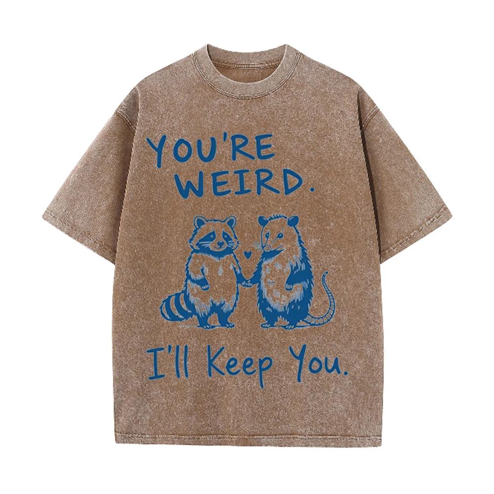 2026 Vintage Washed Beige Raccoon Opossum Hand Hold Heart Graphic T Shirt Funny Couple Slogan Print Oversized Unisex Casual Shor