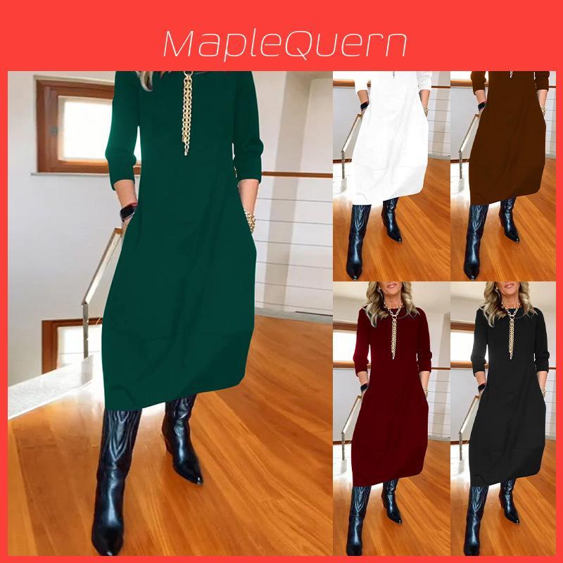 Basic Solid Color Long Sleeve Dress For Work And Casual Wear With High Waist For Winter