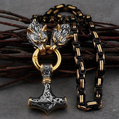 Retro Nordic Viking Hammer Pendant Wolf Head Necklace - Men's Amulet Jewelry