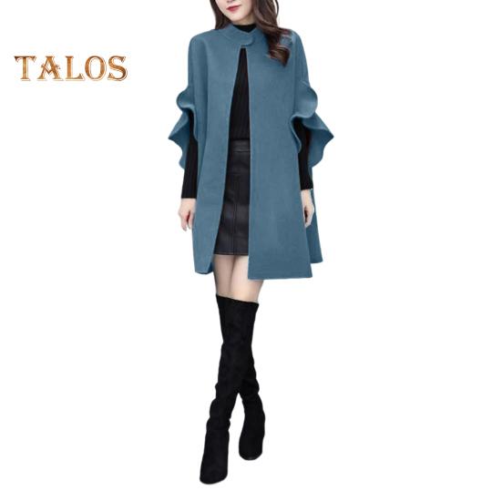 

Женское зимнее пальто с рукавами-лепестками, воротником-стойкой, накидкой-трапецией, кардиганом средней длины с открытыми стежкам, шерстяным пальто для улицы, пончо L синий