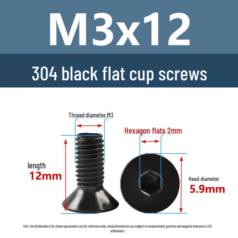 Yigu Black 304 Stainless Steel Extended Flat Head Hex Socket Screws (M2, M3, M4)