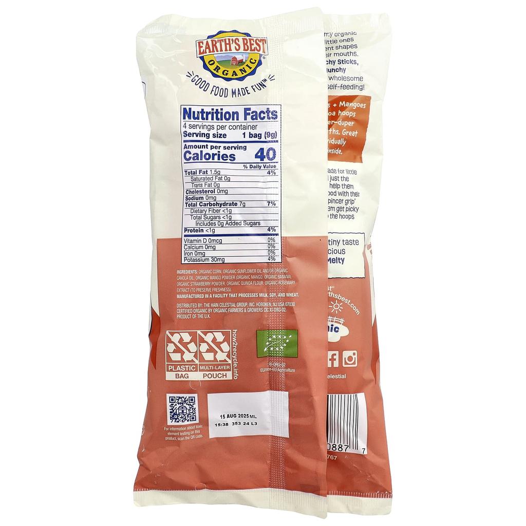 Earth's Best Organic Melty Hoops, Puffcorn Snacks, 8+ Months, Strawberry + Mango, 4 Packets, 9g (0.32oz) Each