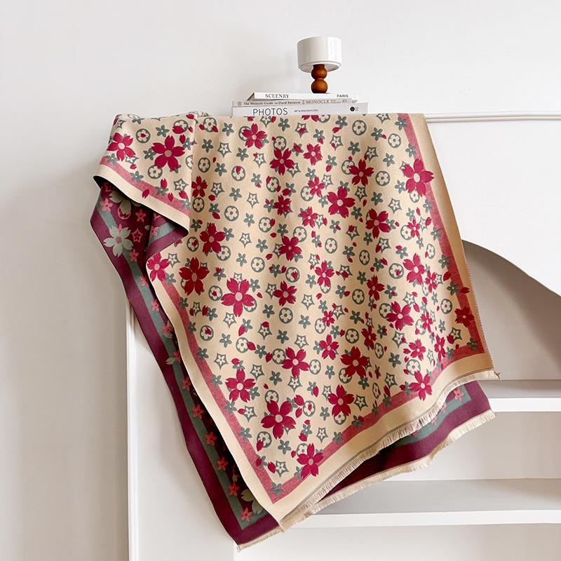 Herbst und Winter Neu Kirschblüten Schal Damen Fransen Imitat Kaschmir Verdickt Warmer Schal Eleganter Schal