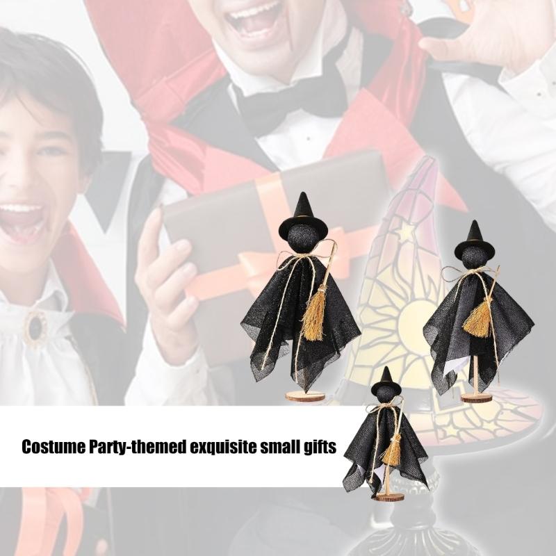 3 Piece Cotton Fabric Witch Specter Decorations For Halloween Home Party Display Wooden Base Accessories Set