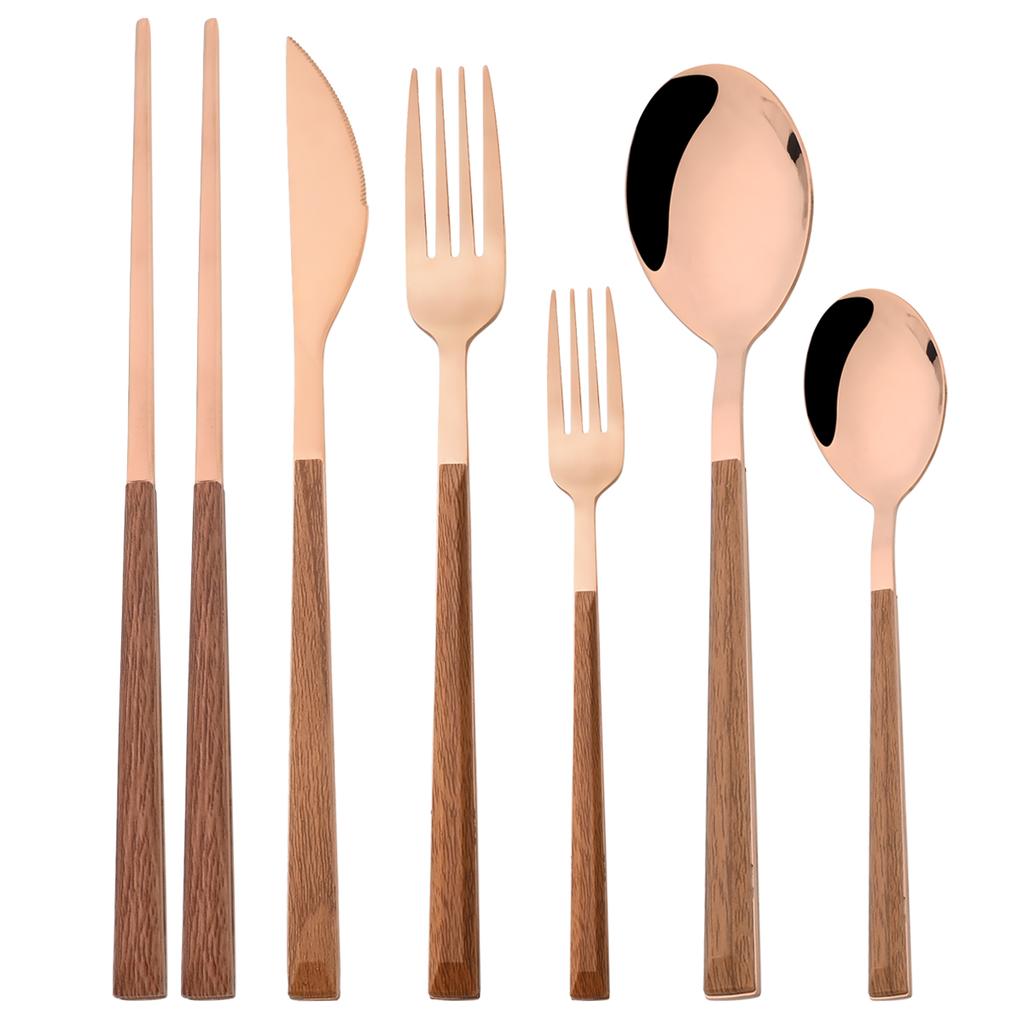 6Pcs Wood Handle Cutlery Set Steak Knife Fork Tea Spoon Chopsticks Dinnerware Stainless Steel Tableware Western Kitchen Flatware