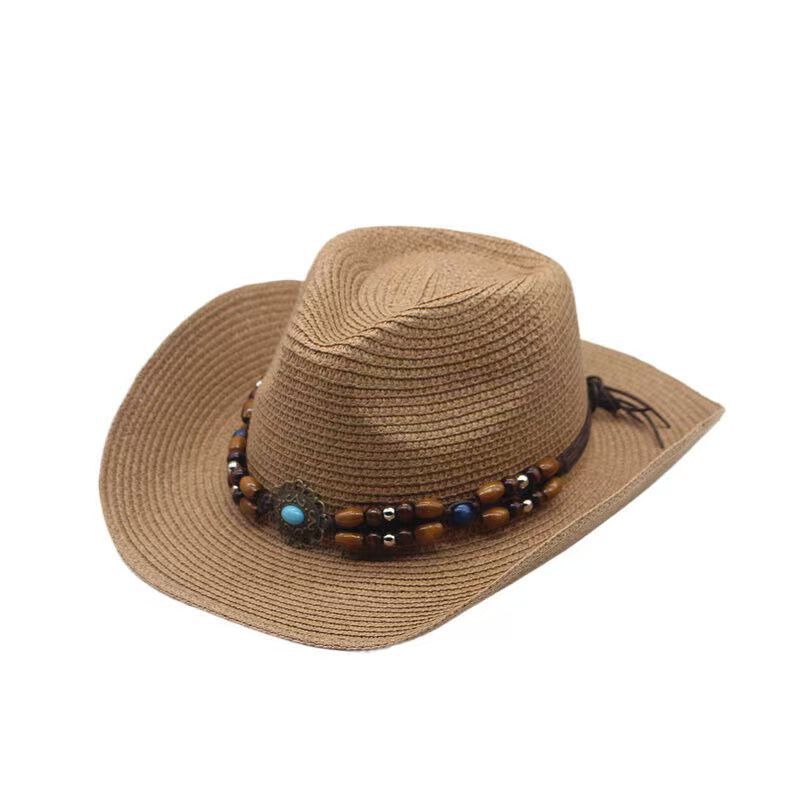 Spring and summer ethnic style western denim straw hat European and American men and women foldable windbreak rope knight sun hat adult