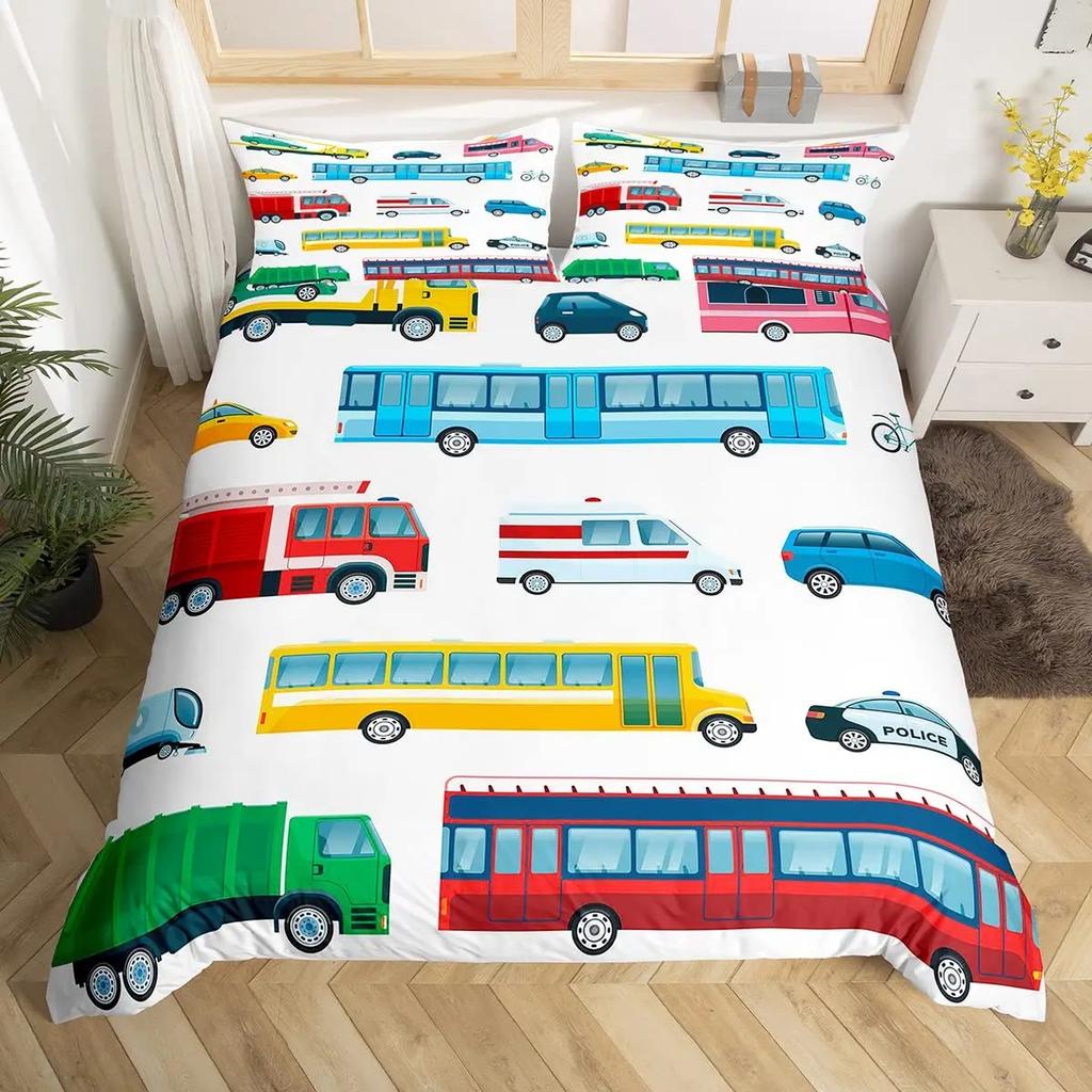 Comforter Ambulance Car King Queen White Cartoon Medical Car Bedding Set For Kid Hospital Rescue Vehicle Polyester