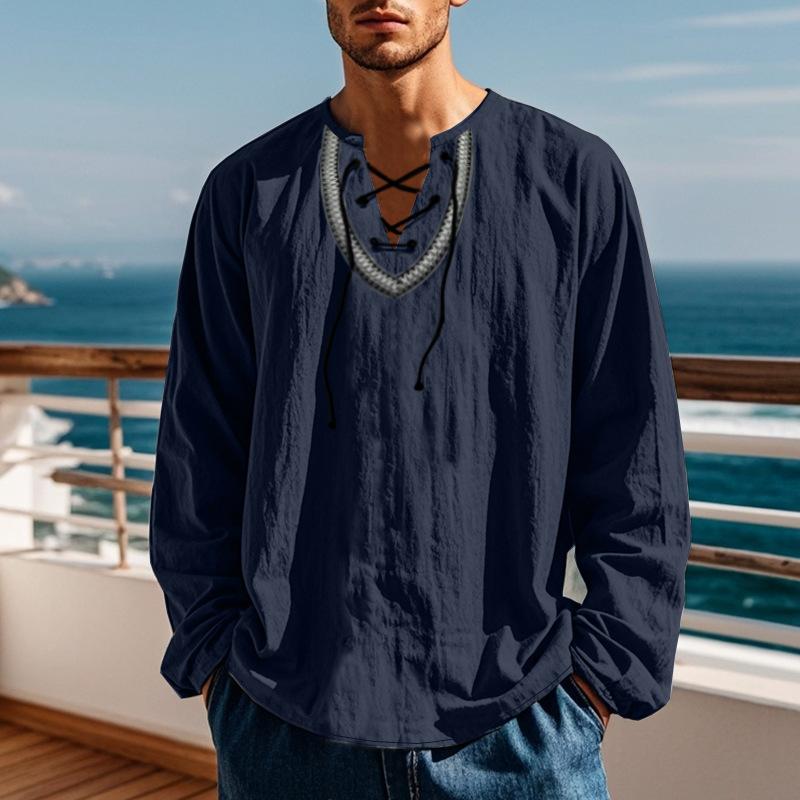 Spring and Autumn New Loose Pullover Retro Ethnic Style Casual Long-sleeved Shirt Cotton Linen Stand-up Collar Male