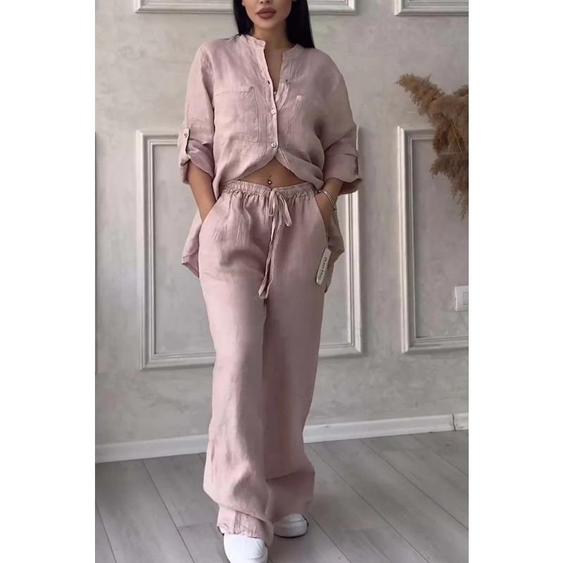 İlkbahar ve Sonbahar Kadın Düz Renk Tek Sıra Düğmeli Uzun Kollu Gömlek Geniş Paça Pantolon Bağcıklı Pantolon Takımı