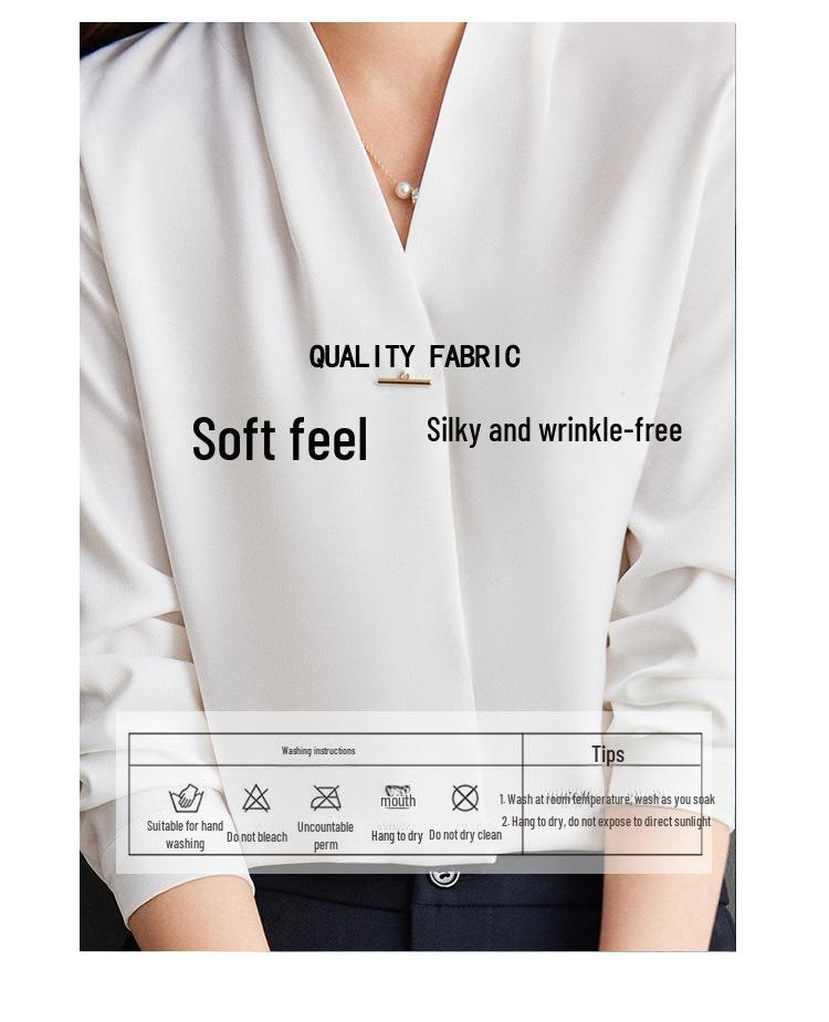 Women's V-Neck Chiffon Satin Shirt - High-End, Long-Sleeve, Anti-Wrinkle, Perfect for Spring and Autumn.