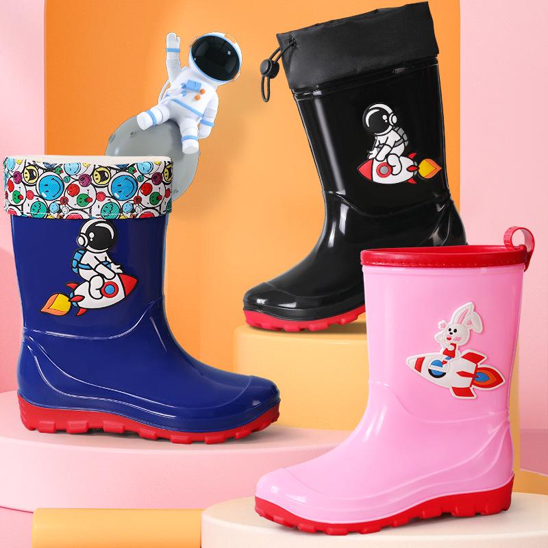 Kids' Waterproof Cartoon Rain Boots - Non-Slip Rubber Shoes for Boys & Girls, Warm Long Mid-High Top Design