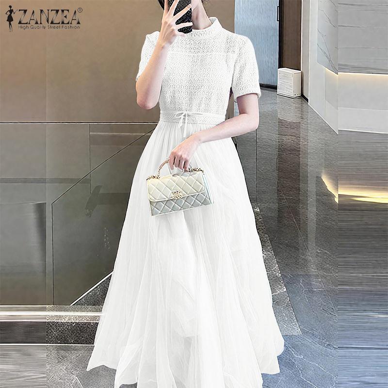 ZANZEA Women Turtleneck Casual Mesh Splice Summer Short Sleeve Dress