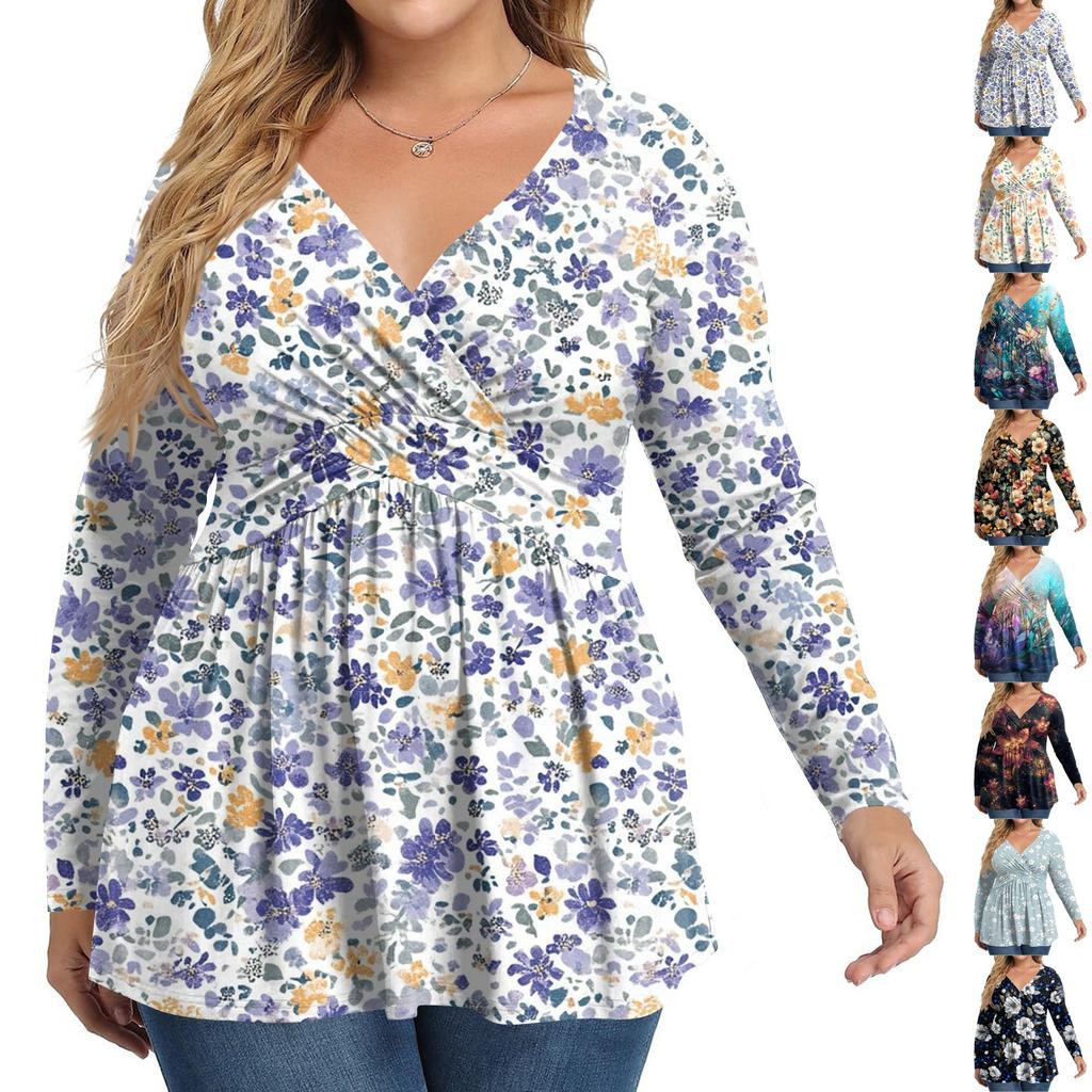 Women's Plus Size Shirt Long Sleeve  Print Top Pleated Casual V-Neck Top