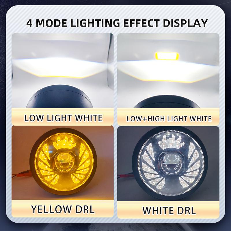 1PCS 5.75" Round LED Vintage Motorcycle & E-Bike Front Headlight, White Hi/Lo Beam Projector, White/Amber DRL Driving Lamp, High Brightness 12V-36V