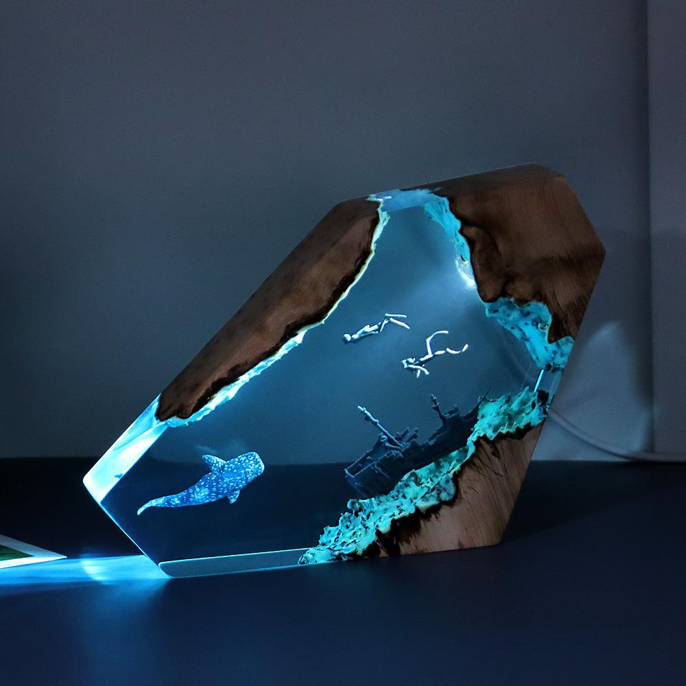 Resin Ocean Shipwreck Night Light, Shark & Whale Art Sculpture, Solid Wood Base - Home Bedroom Office Desk Decor Gift