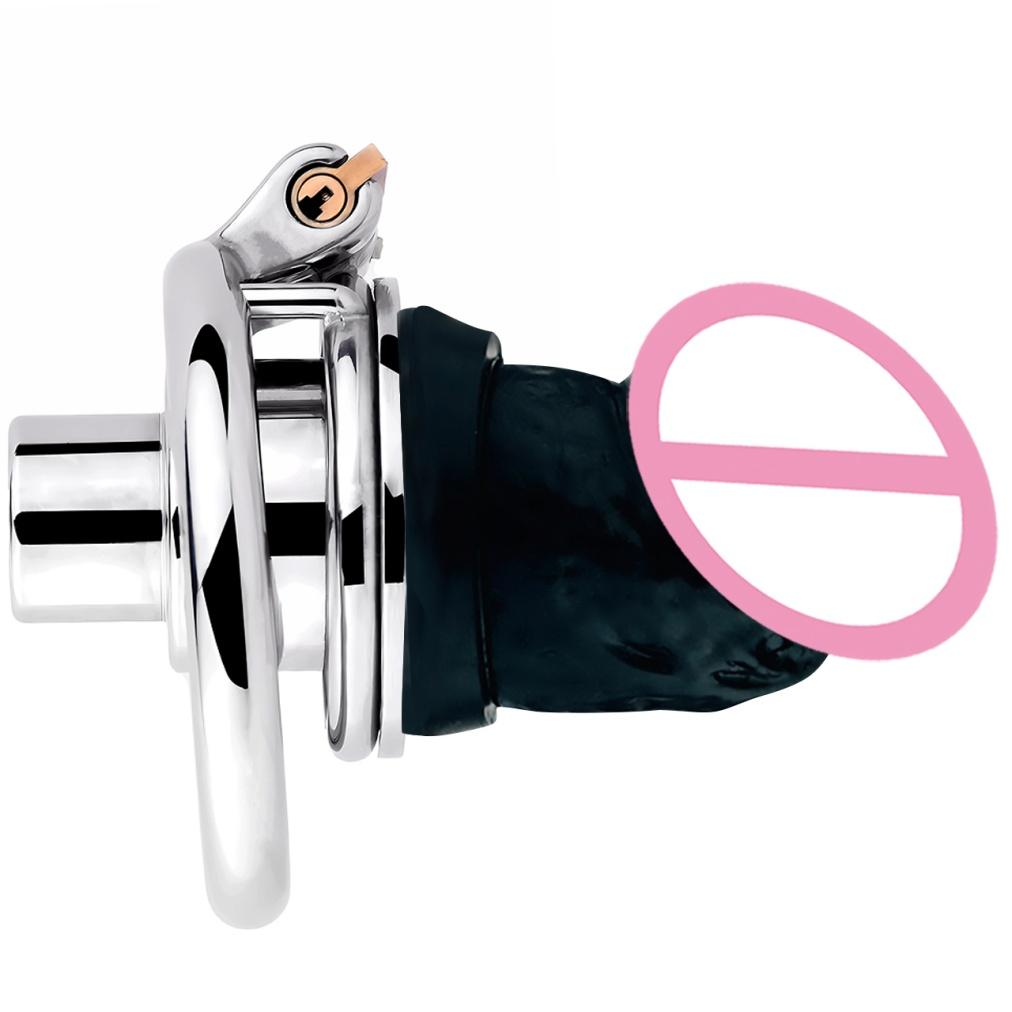 FRRK Stainless Steel Negative Chastity Lock with Silicone Dildo Head Penis Lock Cock Cage Male Chastity Belt Abstinence Sex Toys