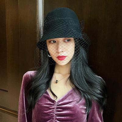 French Retro Black Mesh Wool Woolen Fisherman Top Hat Women'S Autumn And Winter Elegant British Versatile Felt Basin Hat Foreign Trade